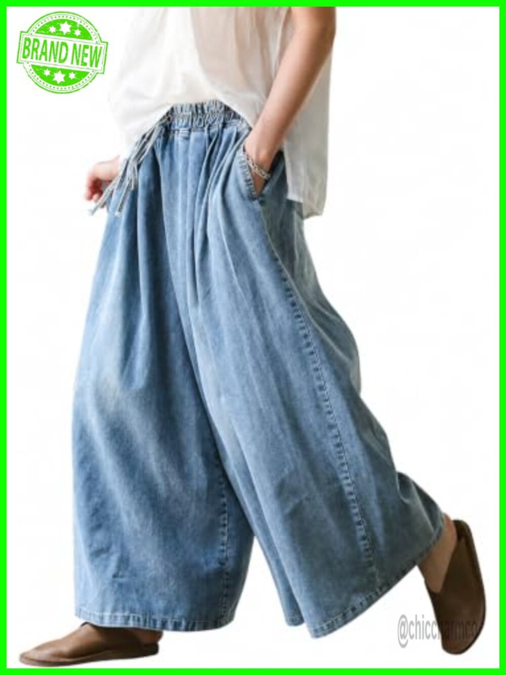 Women's Wide Leg Baggy Jeans Plus Size Elastic Waist Denim Pants with Deep